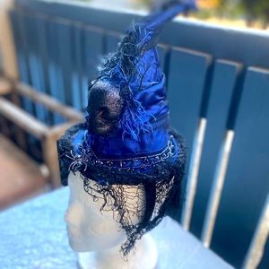 Custom made mixed textiles, Indigo blue Witches Hat Fascinator.
